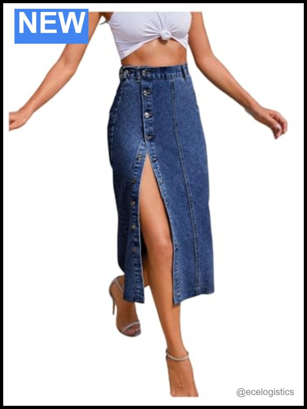 High Waist Midi Jean Skirt with Side Slit Button Front